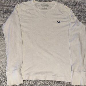 American Eagle White Waffle Knit Long Sleeve Shirt With Embroidered Logo Size M